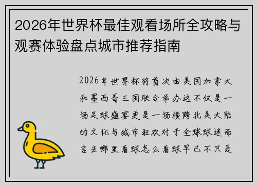 2026年世界杯最佳观看场所全攻略与观赛体验盘点城市推荐指南